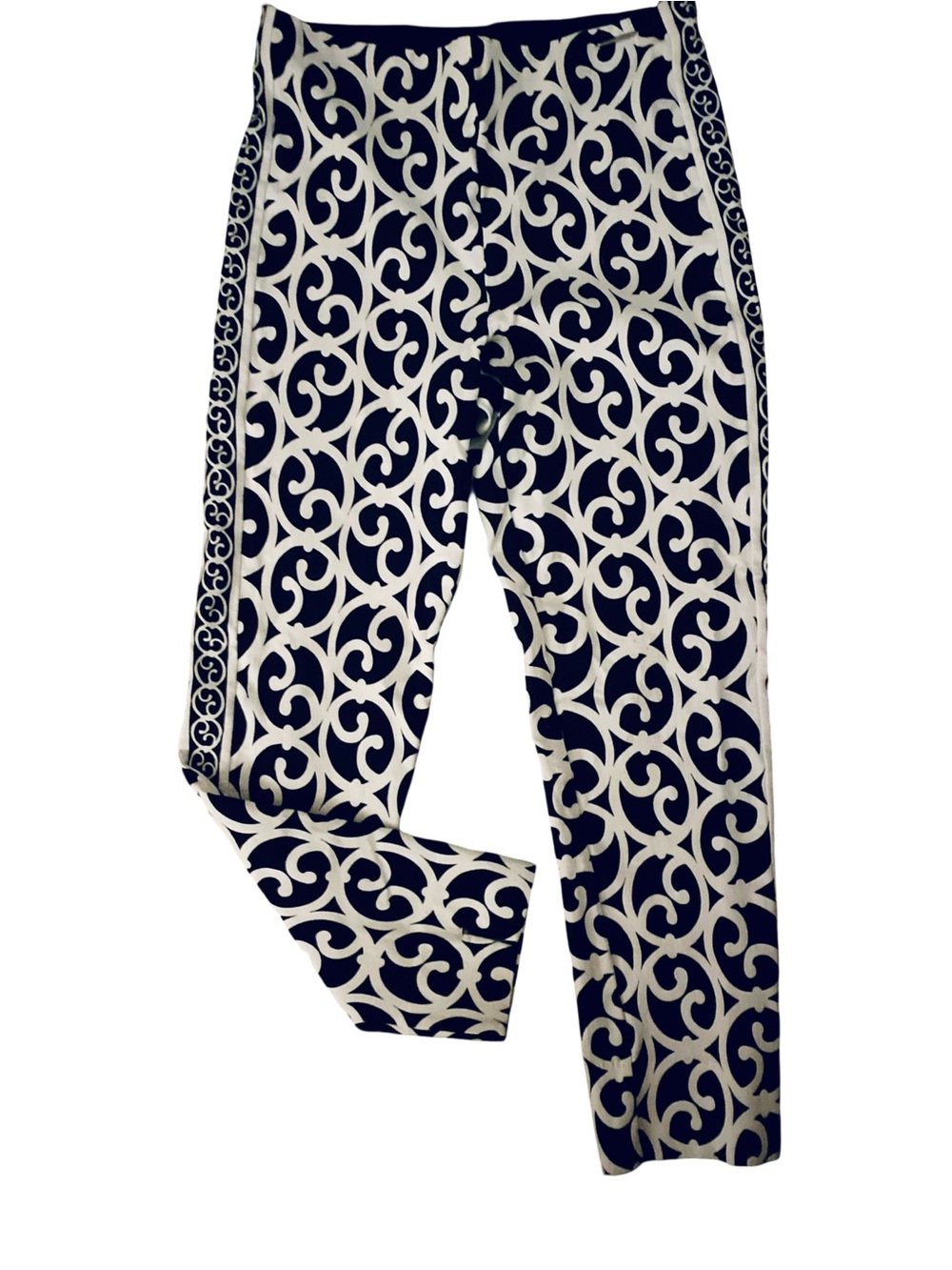 Elie Tahari Navy and White Scroll-Print Skinny Pants-M